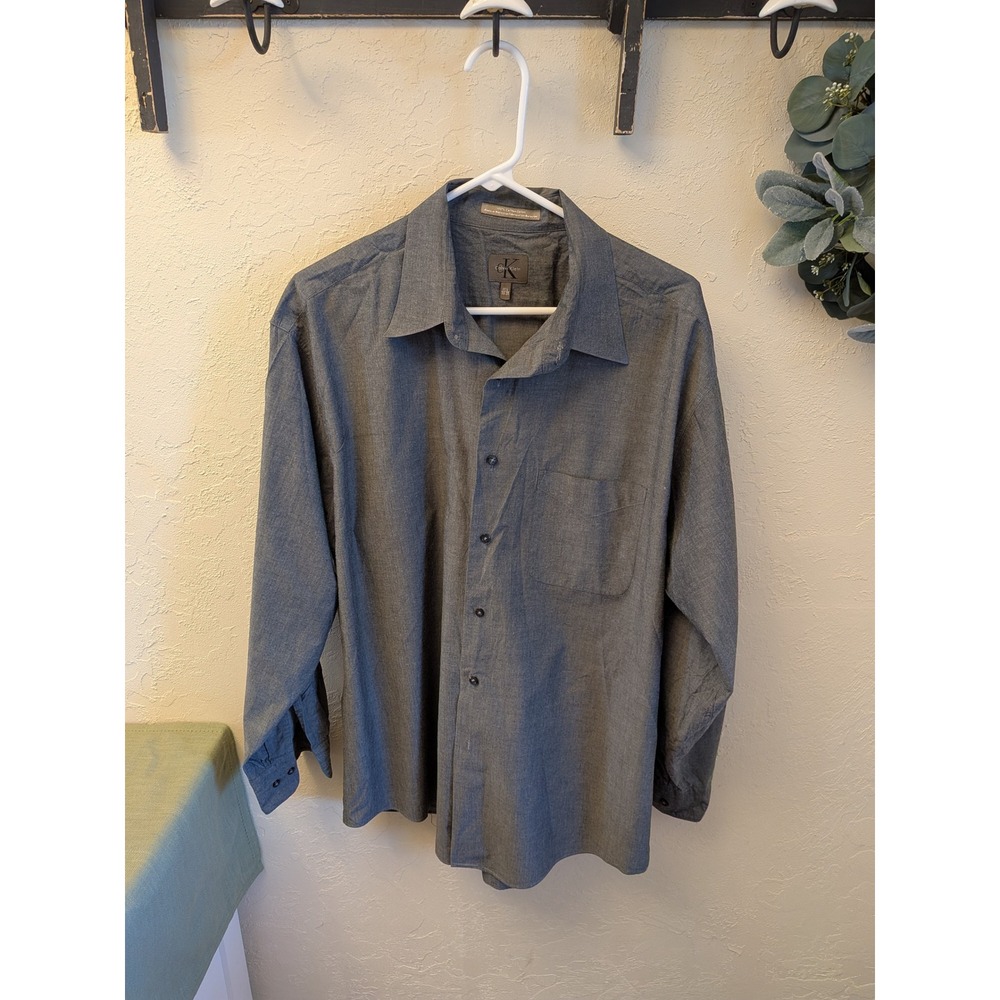 Calvin Klein Mens Dress Shirt Gray Long Sleeve Button Up Size 17.5 34-35